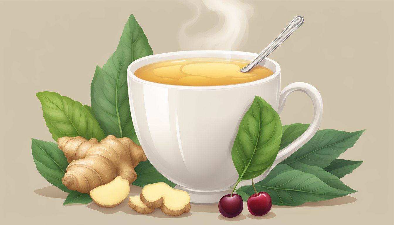 A steaming cup of ginger root tea surrounded by fresh ginger, cherries, and leafy greens