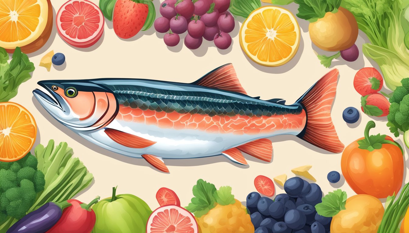 A vibrant salmon fillet surrounded by colorful fruits and vegetables, symbolizing a balanced and healthy diet for hormone regulation