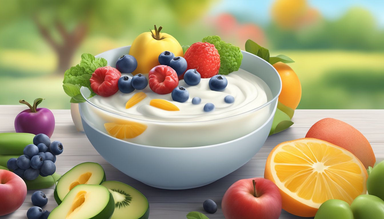 A bowl of low-fat Greek yogurt surrounded by colorful fruits and vegetables, with a backdrop of a serene and peaceful setting