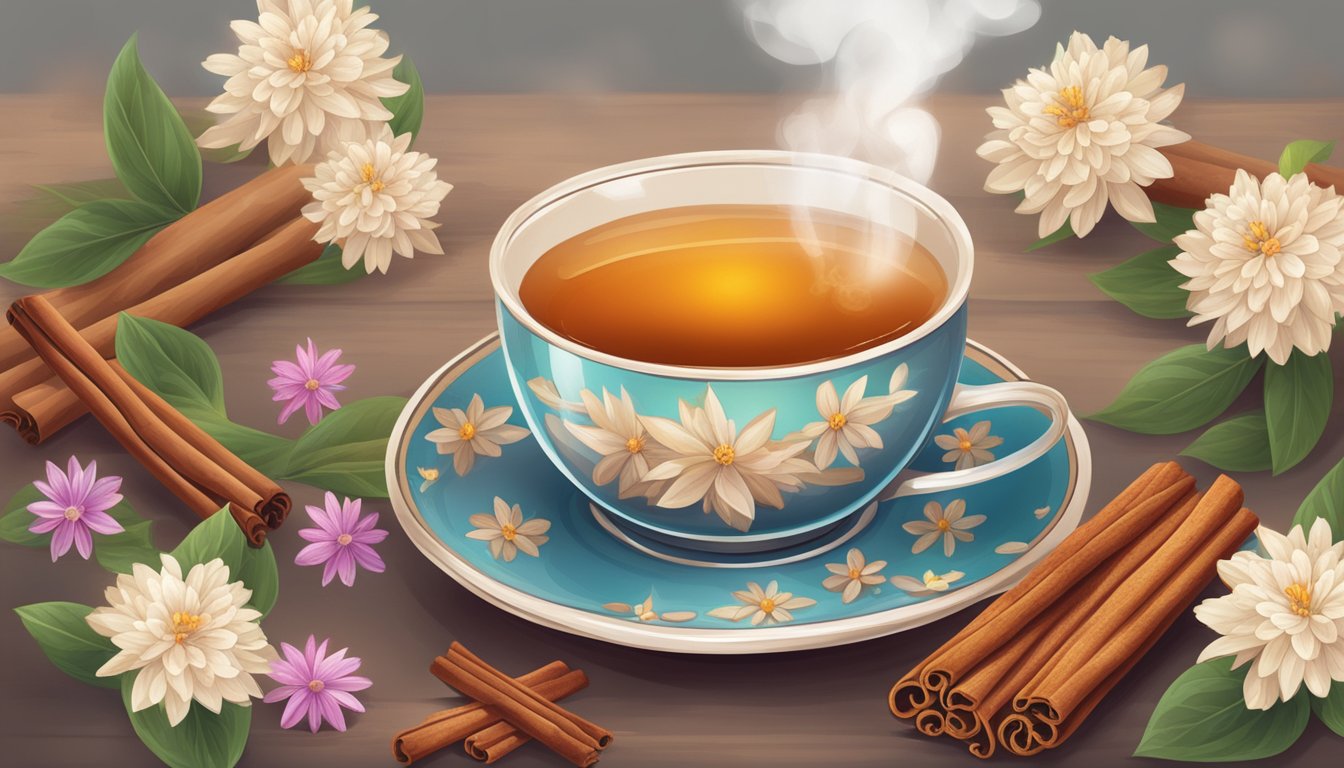 A steaming cup of cinnamon tea surrounded by fresh cinnamon sticks and blooming flowers