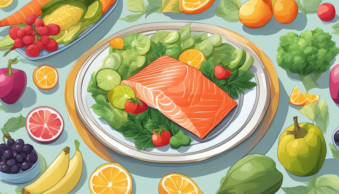 A plate of salmon surrounded by colorful fruits and vegetables, with a serene and calm atmosphere