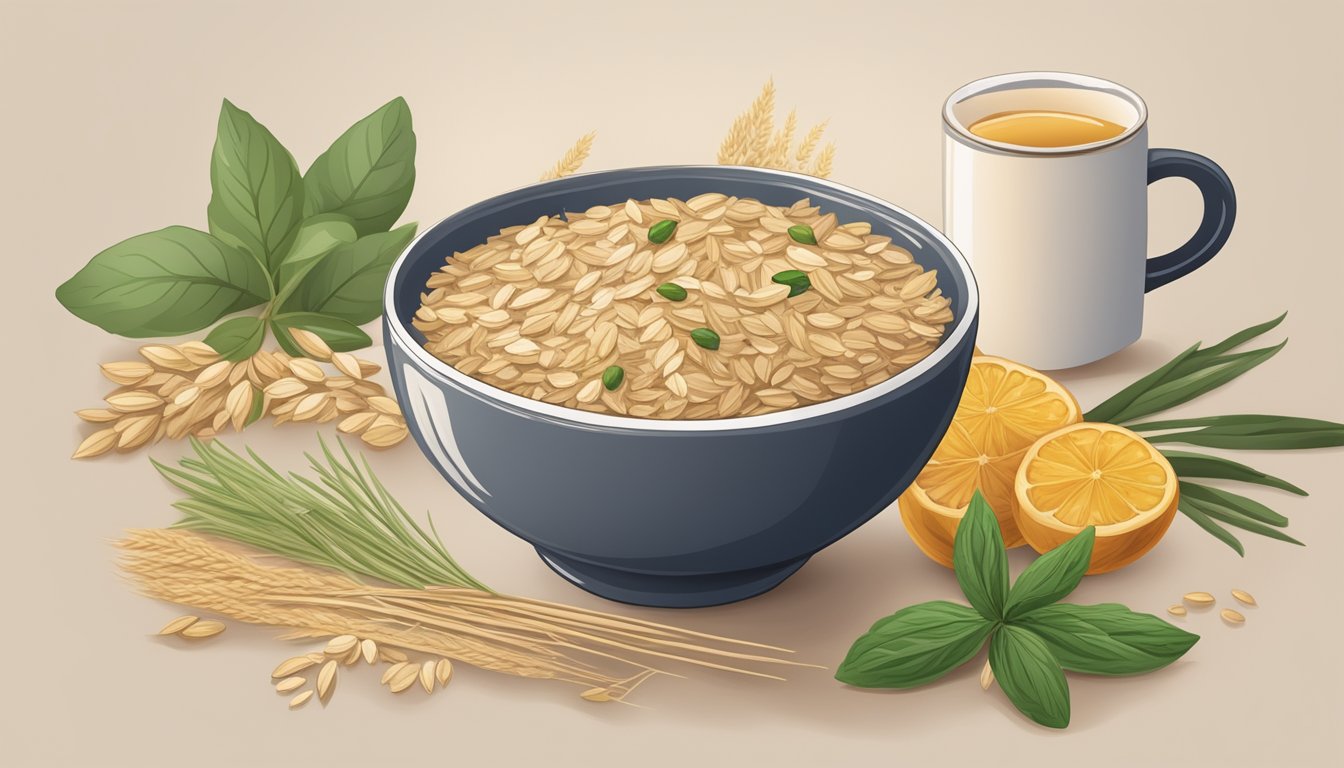 A bowl of oats surrounded by soothing herbs and spices, with a warm mug of herbal tea nearby