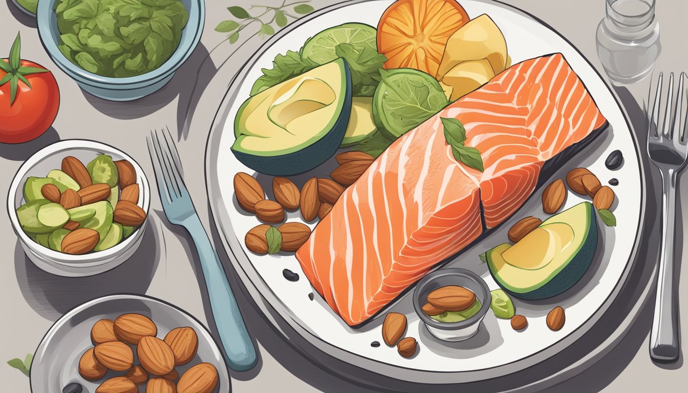 A plate of salmon surrounded by prostate-friendly foods like tomatoes, avocados, and nuts