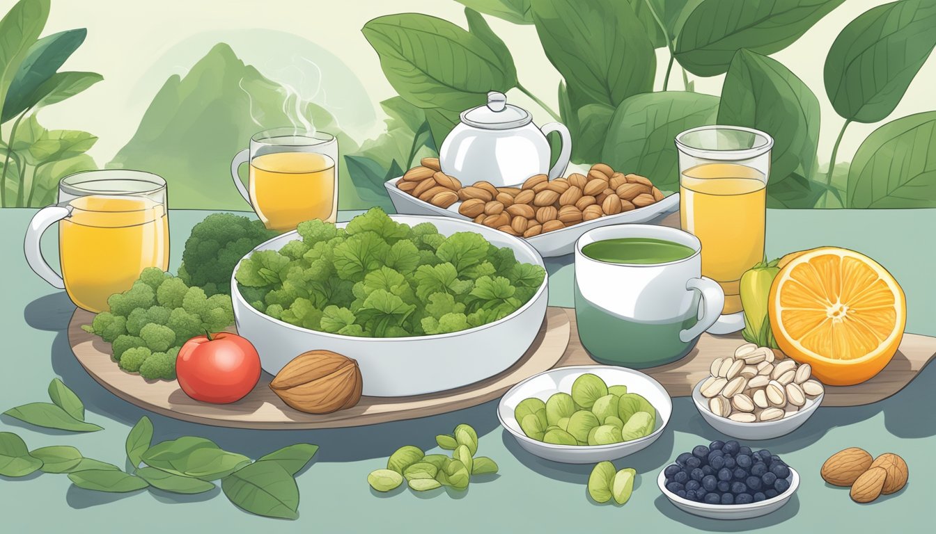 A serene setting with a cup of green tea surrounded by prostate-friendly foods like nuts, fruits, and vegetables, to manage enlarged prostate symptoms