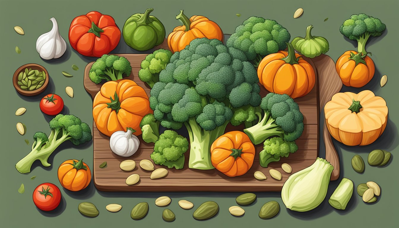 A colorful array of broccoli, pumpkin seeds, and tomatoes on a wooden cutting board