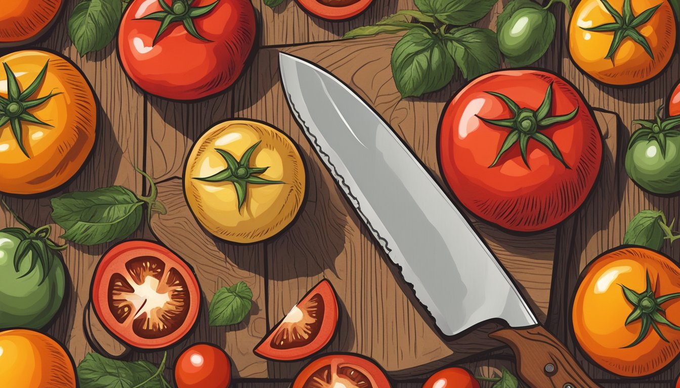 A variety of ripe tomatoes arranged on a wooden cutting board with a knife beside them