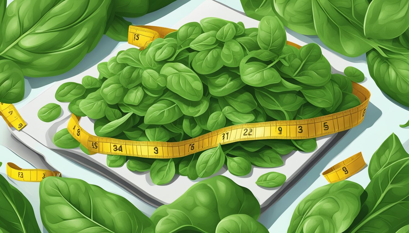 A vibrant pile of spinach leaves surrounded by measuring tape and a slimming belt