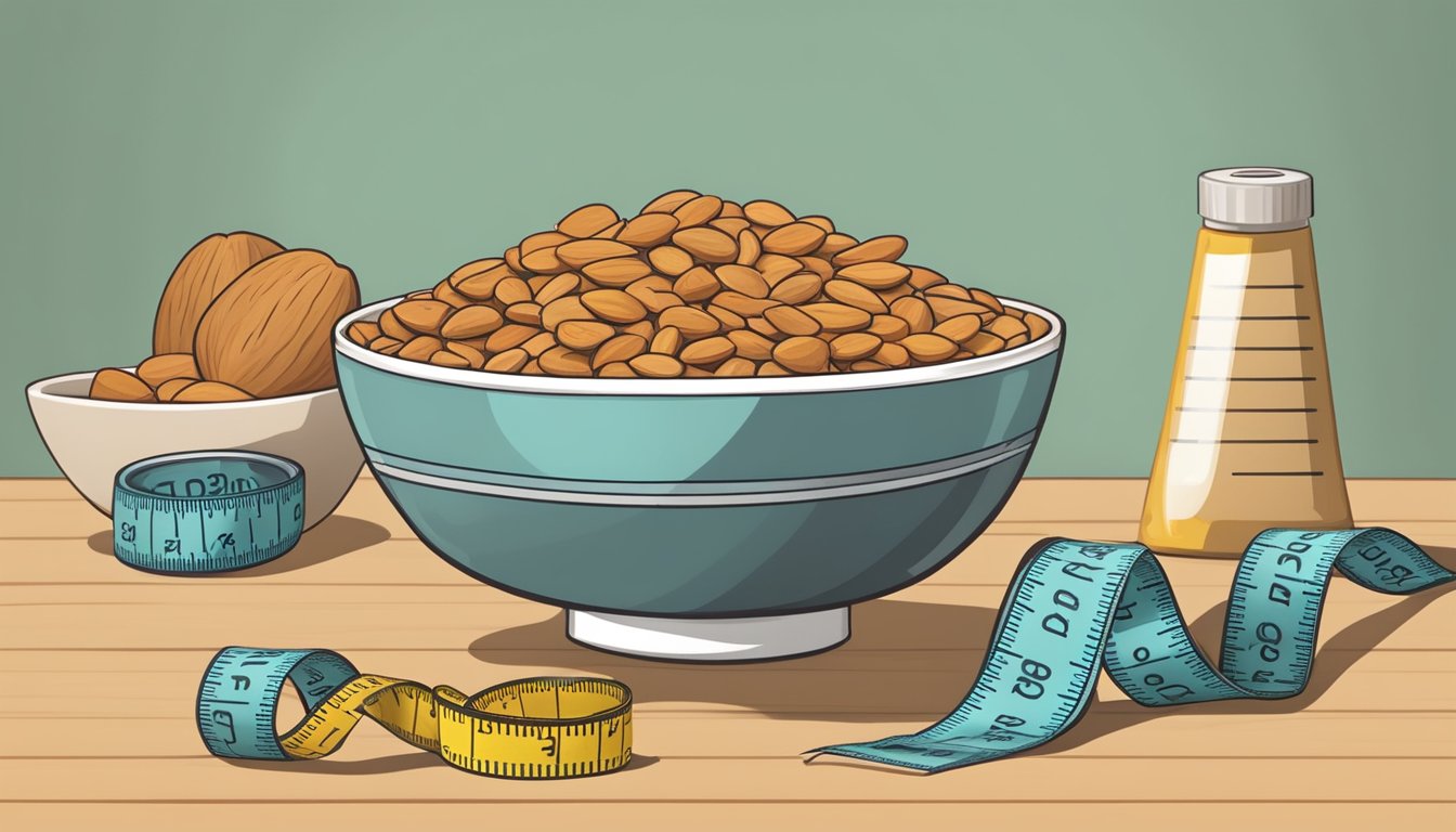 A bowl of almonds surrounded by measuring tape, a scale, and a tape measure, emphasizing their role in reducing belly fat