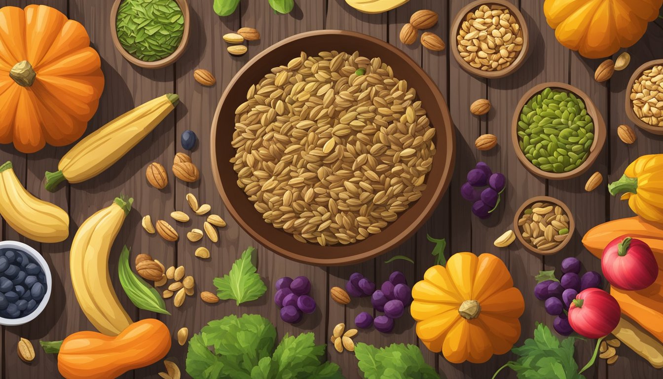 A bowl of flaxseeds, pumpkin seeds, and walnuts on a wooden table, surrounded by a variety of colorful fruits and vegetables