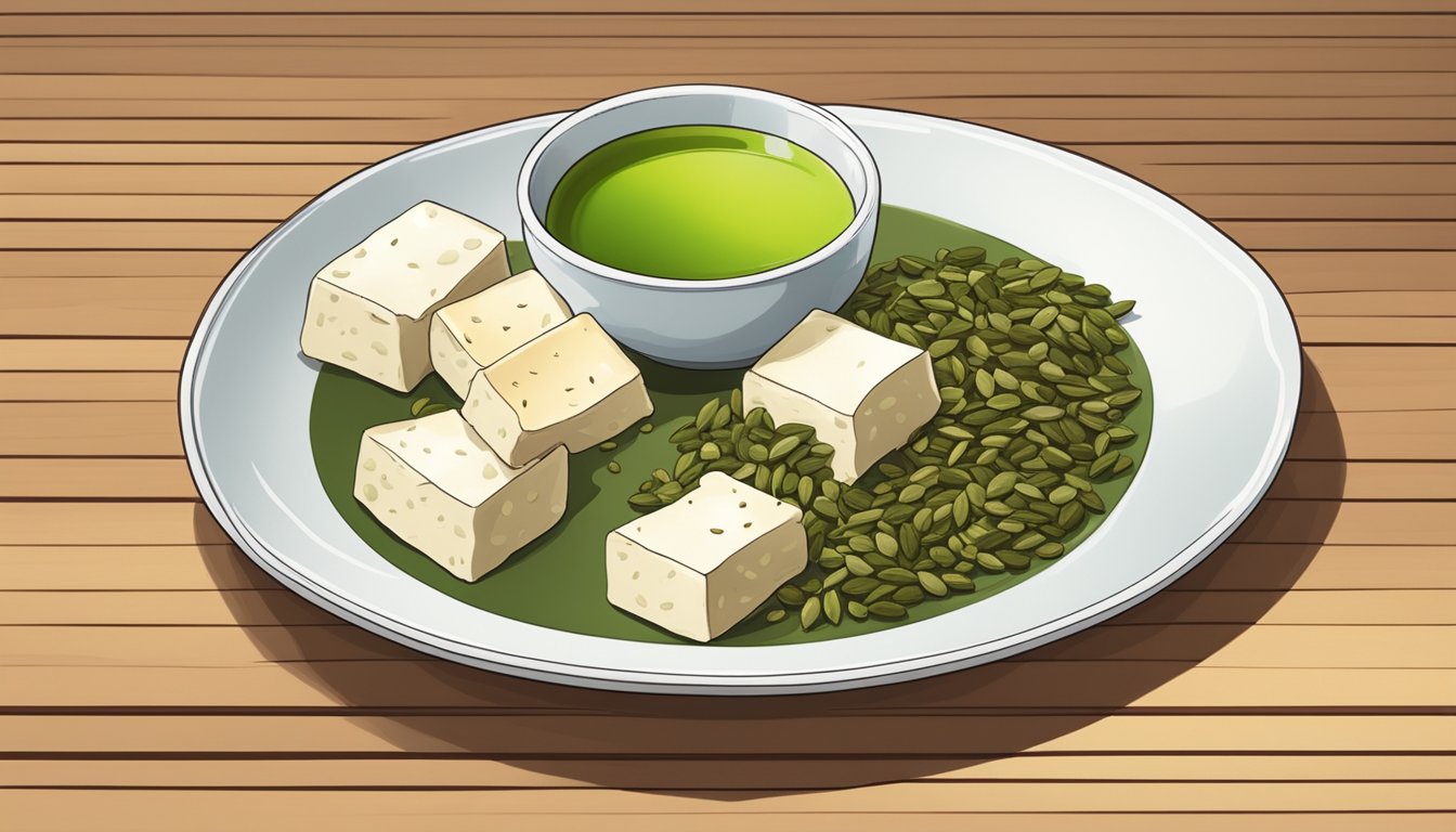 A plate of tofu, pumpkin seeds, and green tea on a wooden table