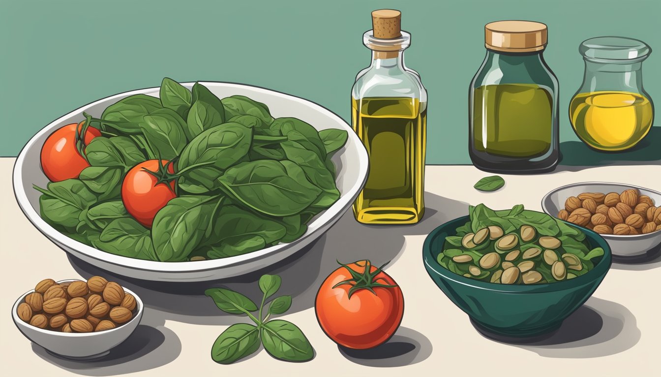 A bowl of spinach surrounded by other prostate-friendly foods, such as tomatoes and walnuts, with a bottle of olive oil nearby