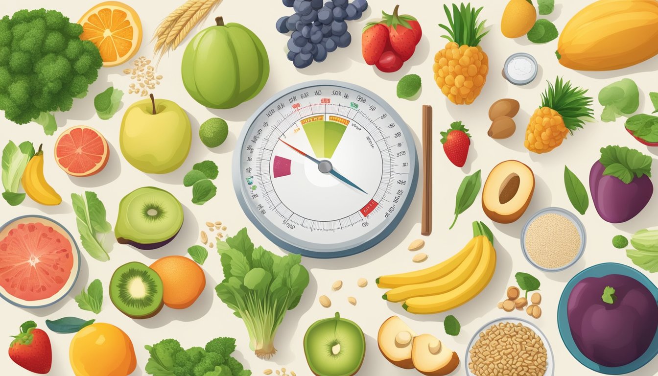 A table filled with colorful fruits, vegetables, and whole grains, surrounded by scientific charts and diagrams illustrating the process of metabolism and belly fat reduction