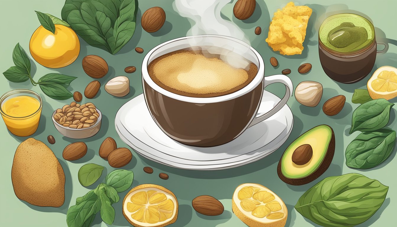 A steaming cup of coffee surrounded by liver-supporting foods like avocado, spinach, and turmeric