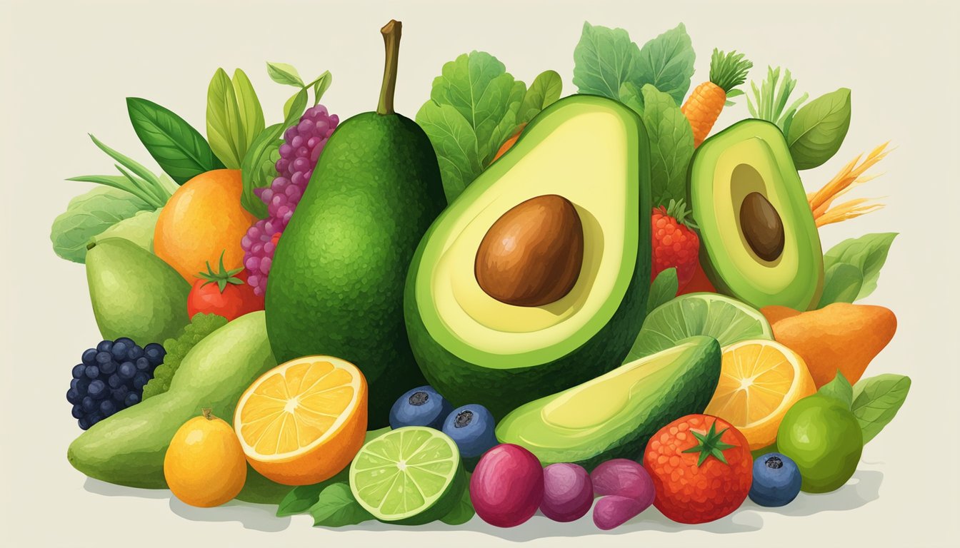 A vibrant avocado surrounded by various fruits and vegetables, radiating a sense of strength and vitality, symbolizing its powerful role in curbing alcohol cravings and supporting recovery