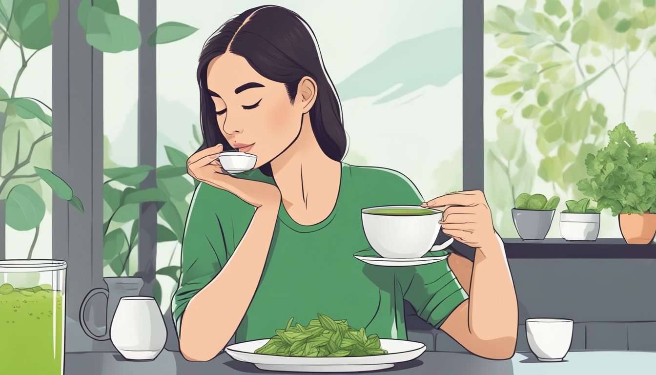 A woman sipping green tea while doing jawline exercises with a plate of antioxidant-rich foods nearby