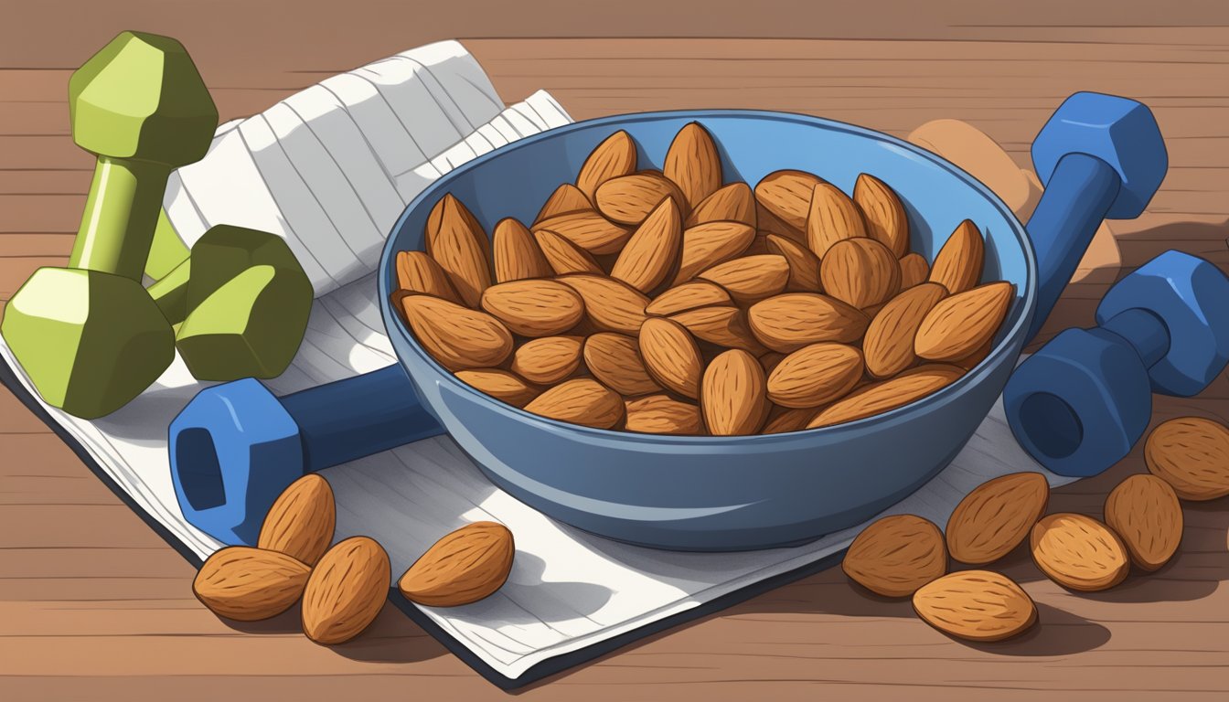 A bowl of almonds surrounded by a yoga mat, dumbbells, and a resistance band