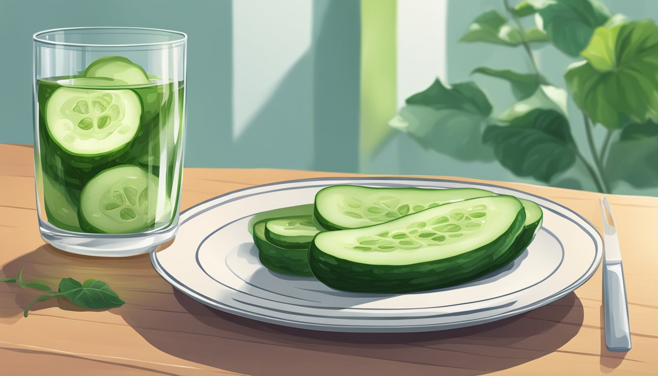 A cucumber slice on a plate next to a water glass, with a set of jawline-sculpting exercise equipment in the background