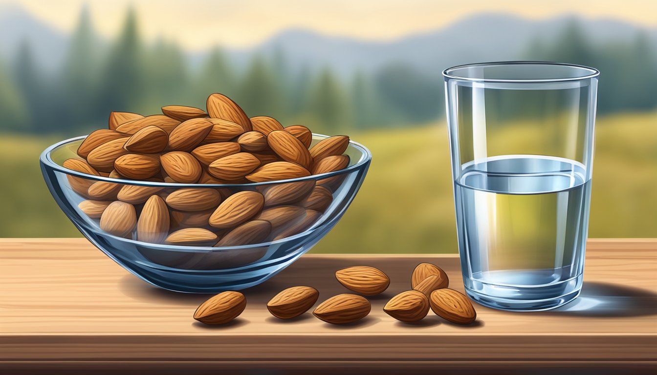 A bowl of almonds next to a glass of water on a wooden table