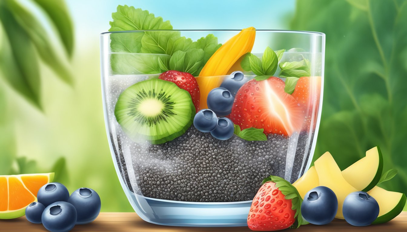 A glass of chia seeds mixed with water, surrounded by fresh fruits and vegetables, with a calming background of nature