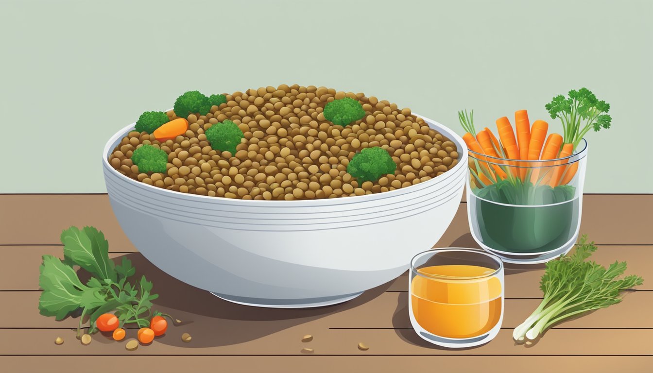 A bowl of lentils surrounded by fresh vegetables and herbs, with a glass of water nearby