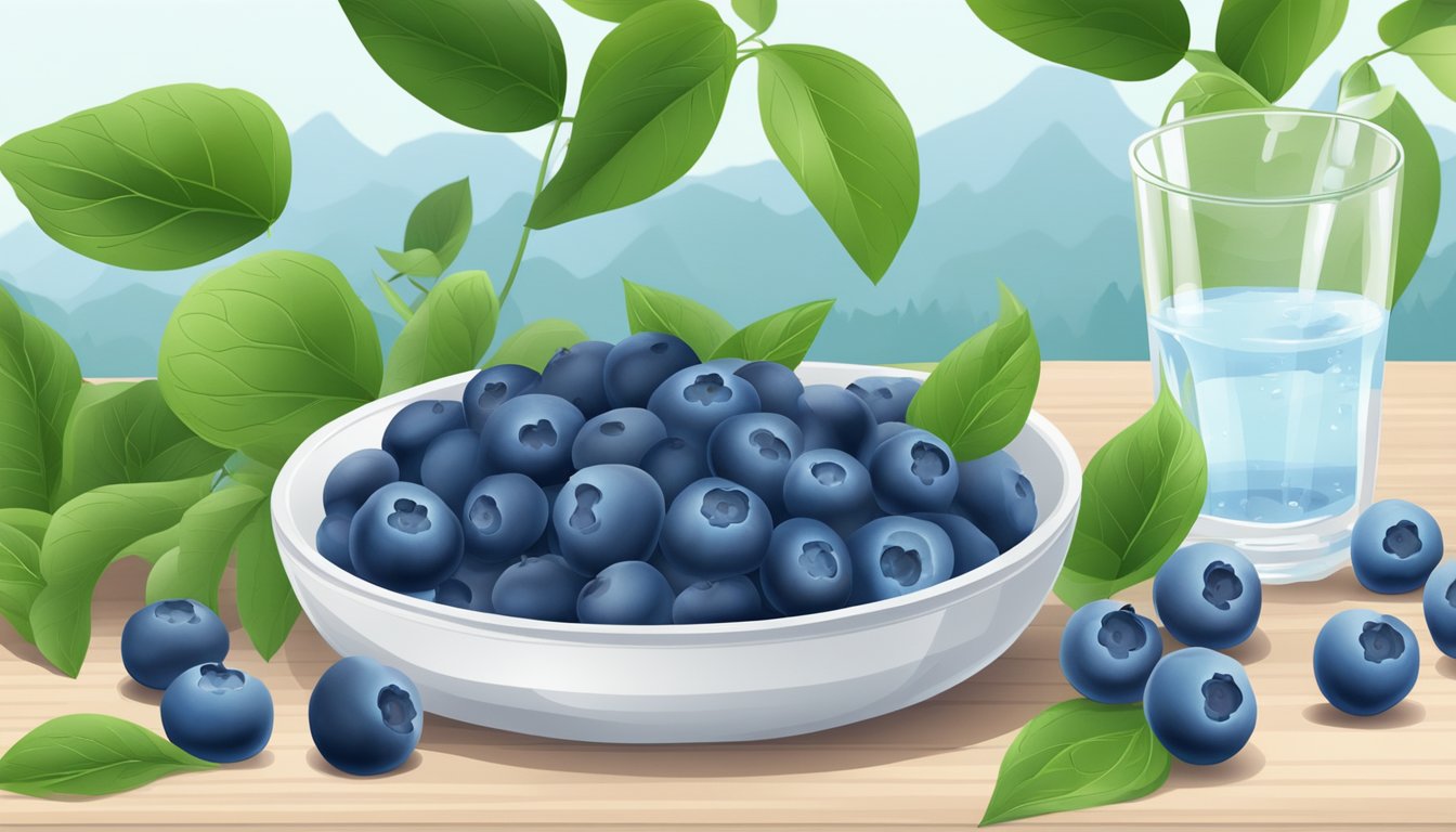 A pile of fresh blueberries surrounded by green leaves, with a glass of water in the background