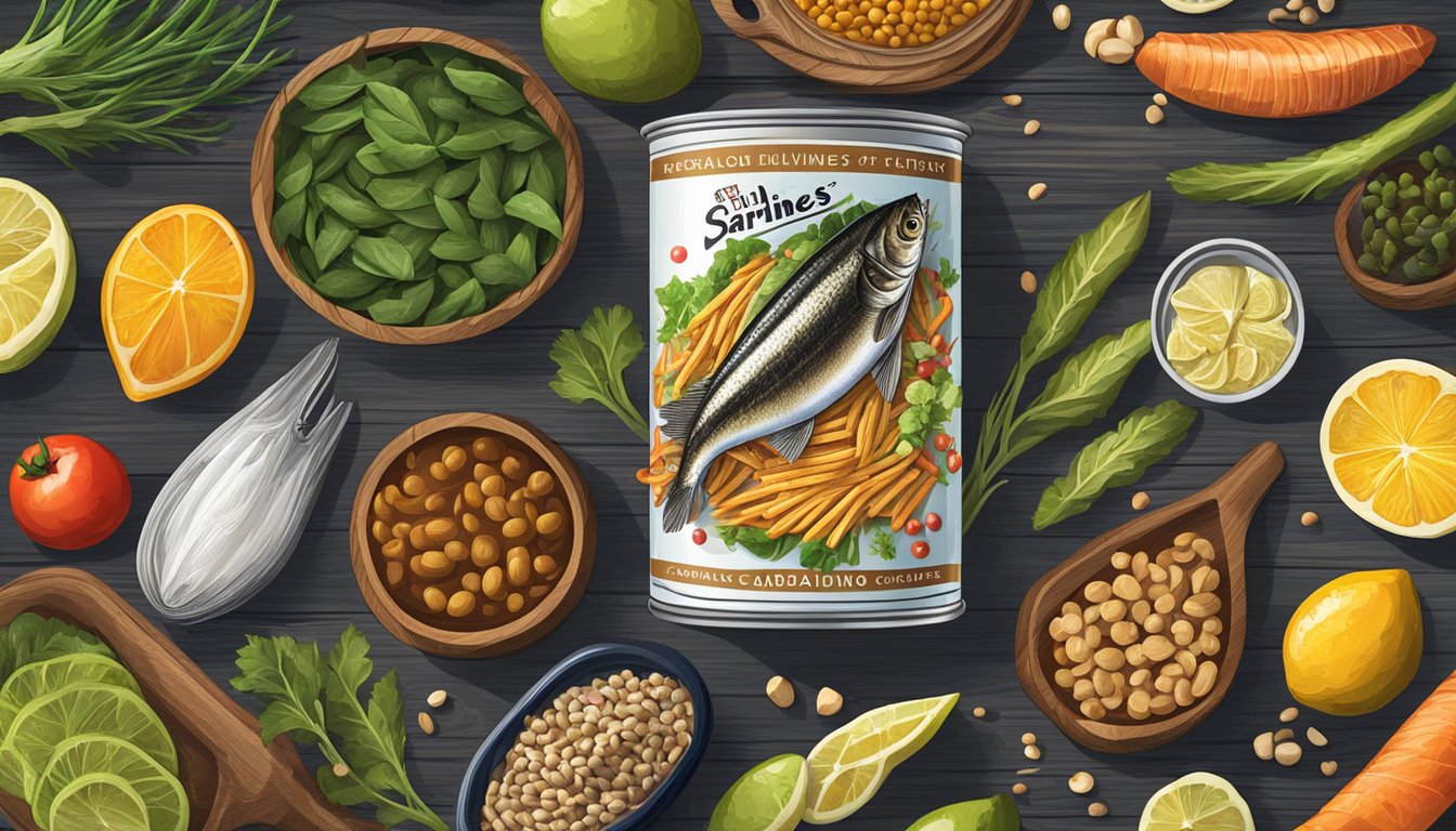 A can of sardines surrounded by vibrant, nutrient-rich foods on a wooden table