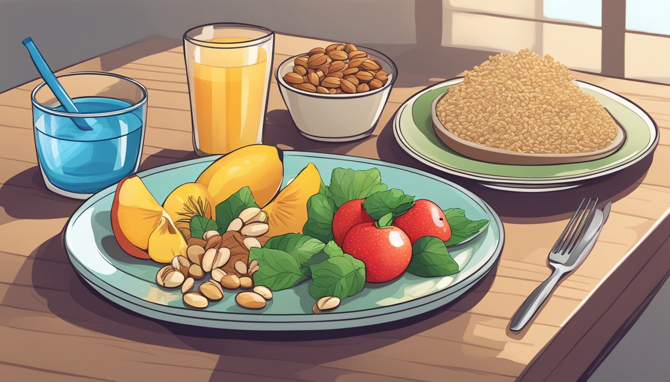 A table filled with colorful fruits, vegetables, nuts, and whole grains. A glass of water sits next to a plate of lean protein and healthy fats