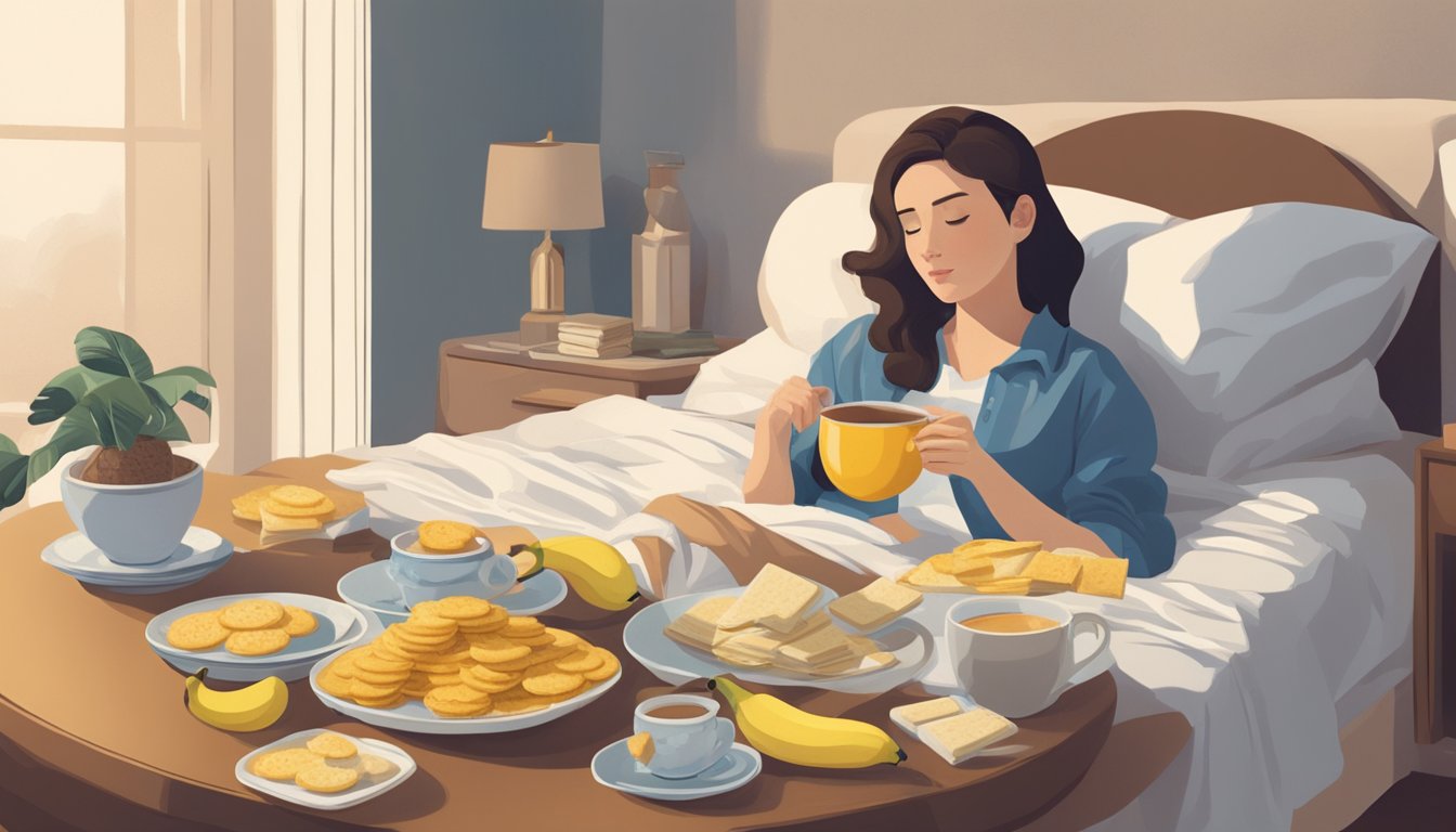 A bowl of crackers, ginger tea, and a banana on a table beside a bed with a woman lying down, looking queasy