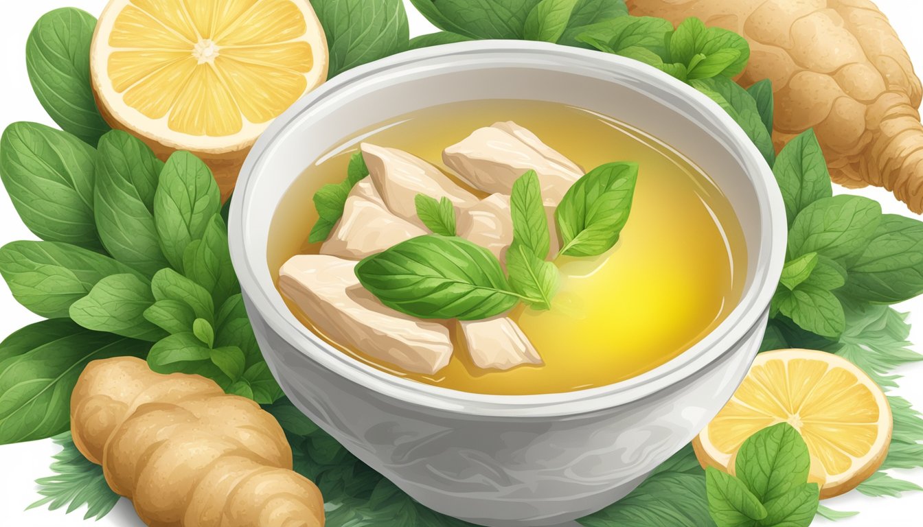 A steaming bowl of chicken broth surrounded by soothing ginger and peppermint leaves