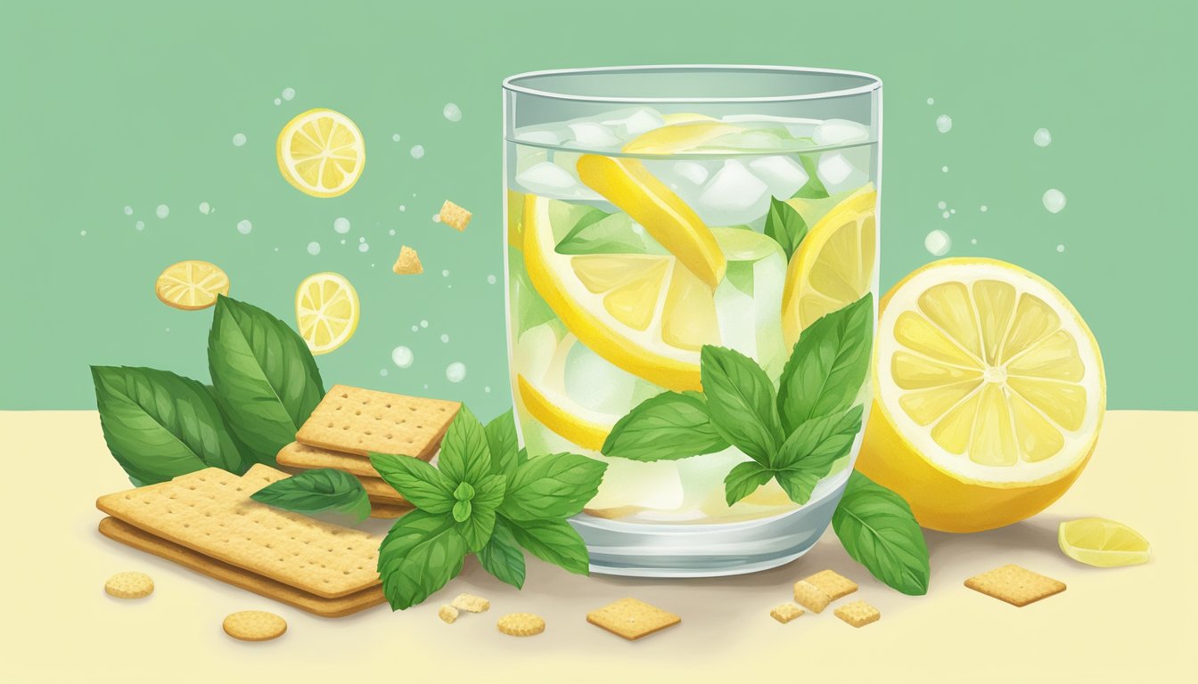 A glass of lemon water surrounded by ginger, crackers, and peppermint leaves, all known for combatting morning sickness and nausea during pregnancy