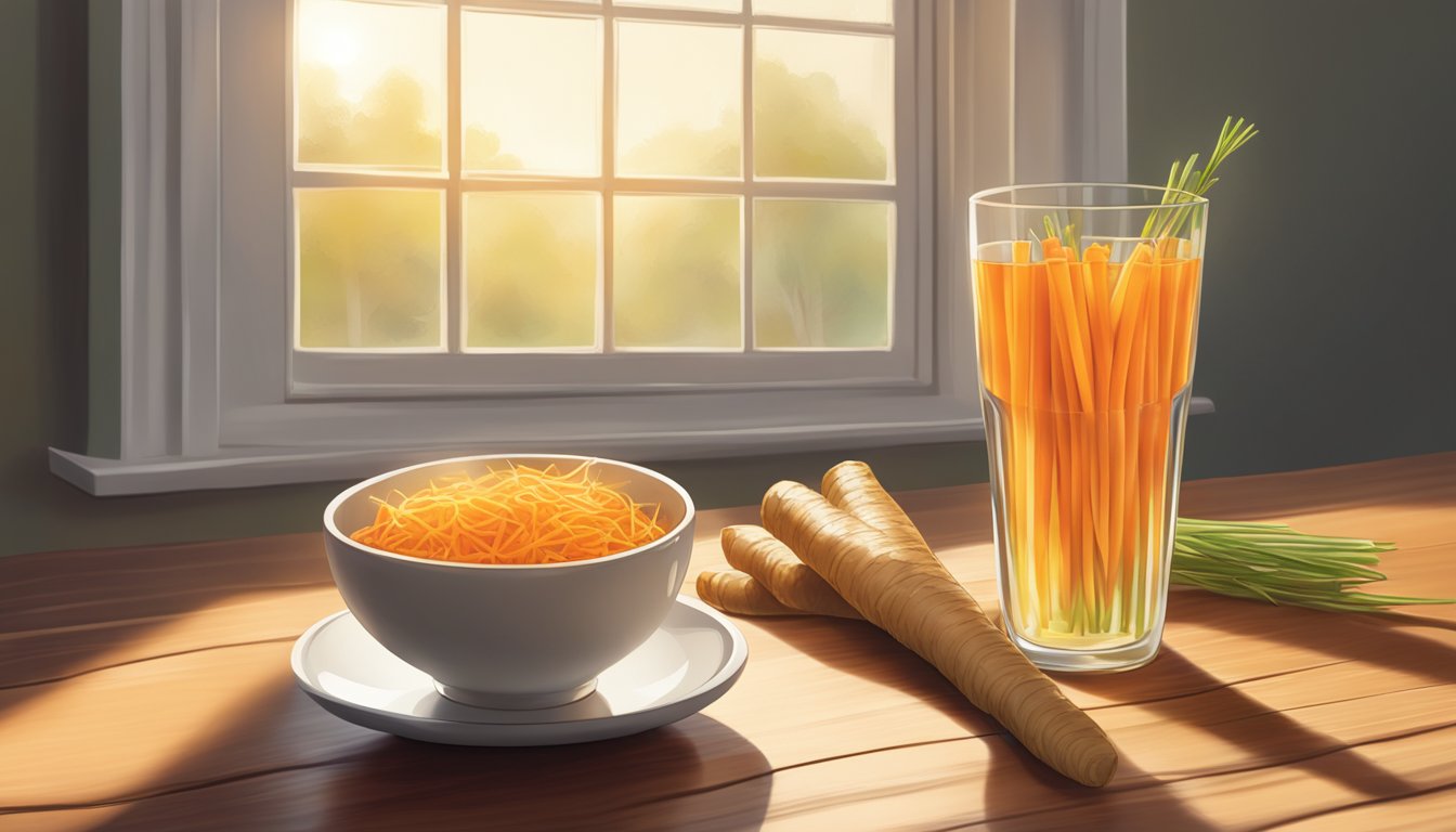 A bowl of carrot sticks and a glass of ginger tea on a wooden table, with a soft morning light filtering through a window