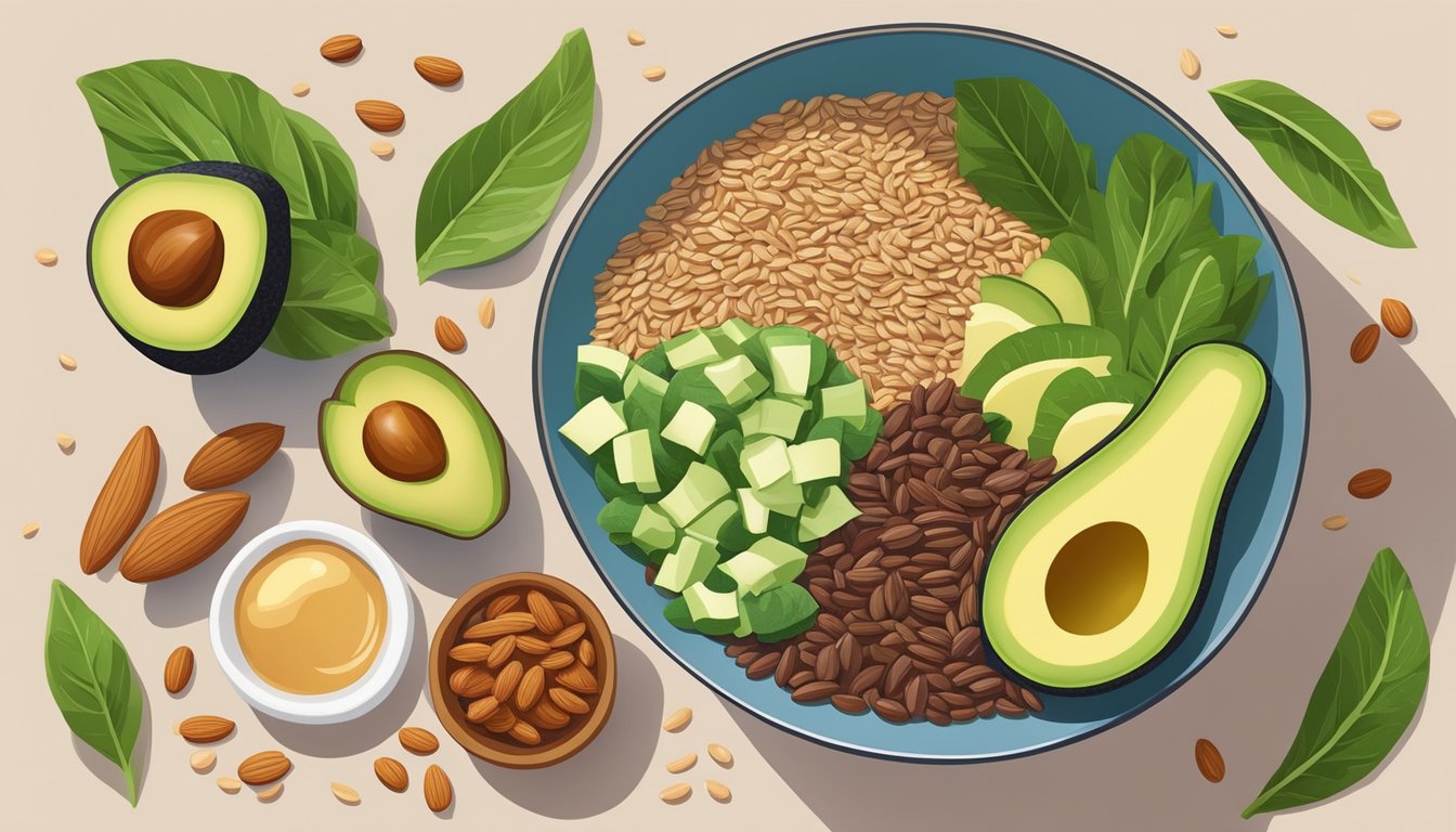 A bowl of flaxseeds surrounded by a variety of skin-nourishing foods like avocados, almonds, and leafy greens, with a soft, natural light shining on them