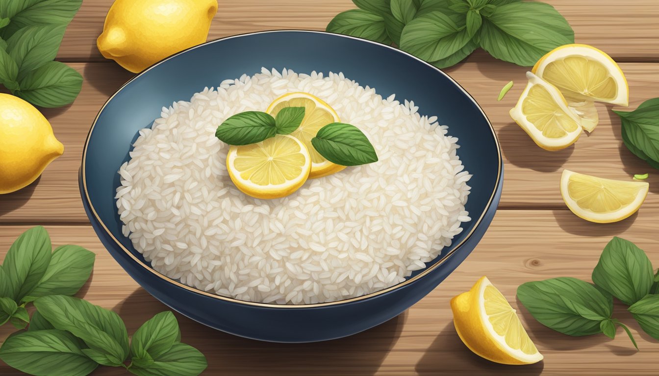 A bowl of rice cakes surrounded by ginger, lemon, and peppermint leaves on a wooden table