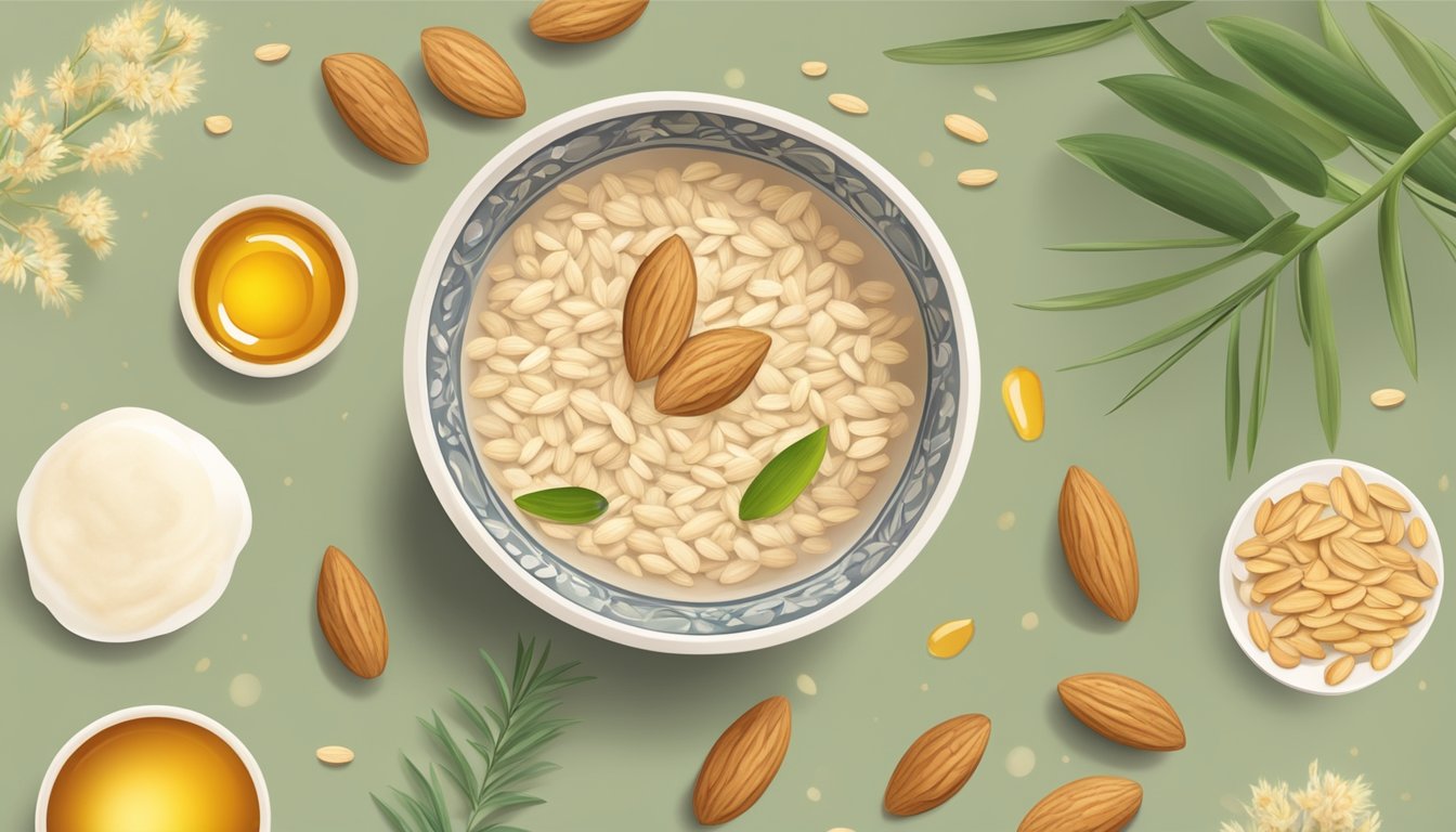 A bowl of almonds surrounded by soothing ingredients like oatmeal, honey, and aloe vera, with a gentle, calming atmosphere