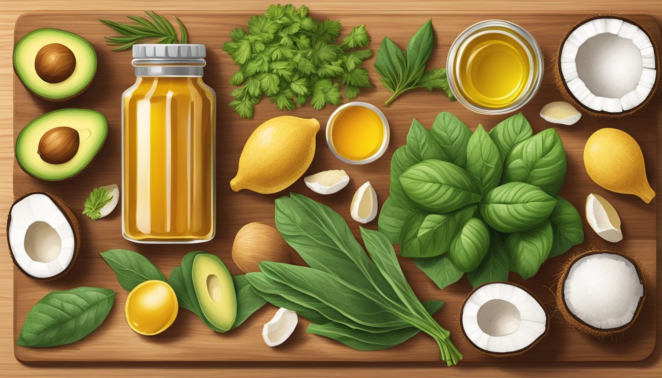 A colorful assortment of turmeric, coconut, avocado, and leafy greens arranged on a wooden cutting board, surrounded by natural ingredients like honey and olive oil