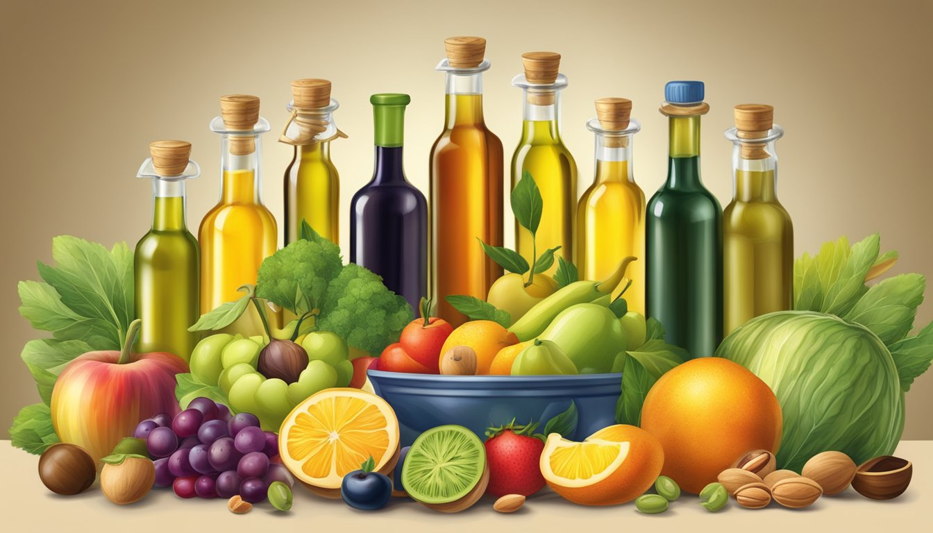 A vibrant array of fruits, vegetables, nuts, and seeds, surrounded by bottles of olive oil, all radiating a sense of health and nourishment