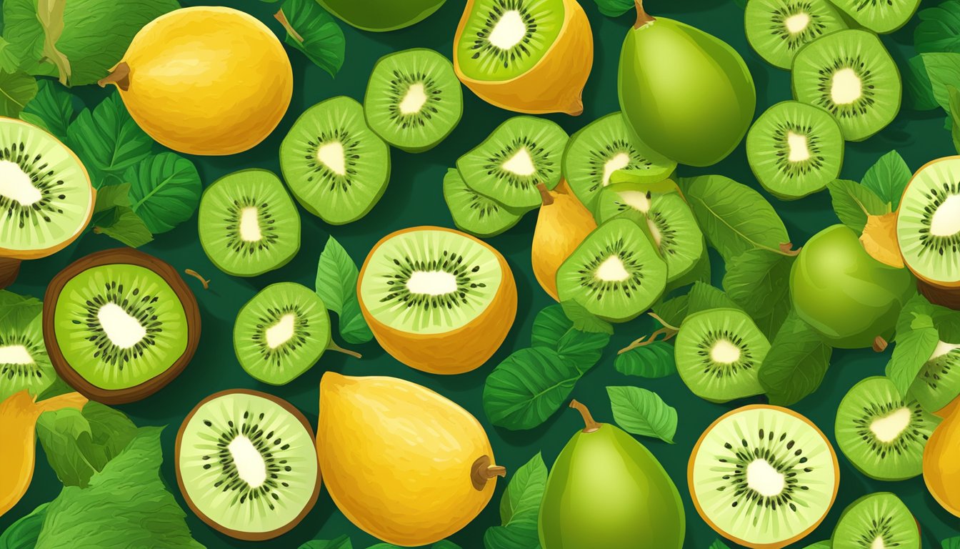 A vibrant assortment of kiwifruit surrounded by a variety of nourishing foods, all set against a natural backdrop