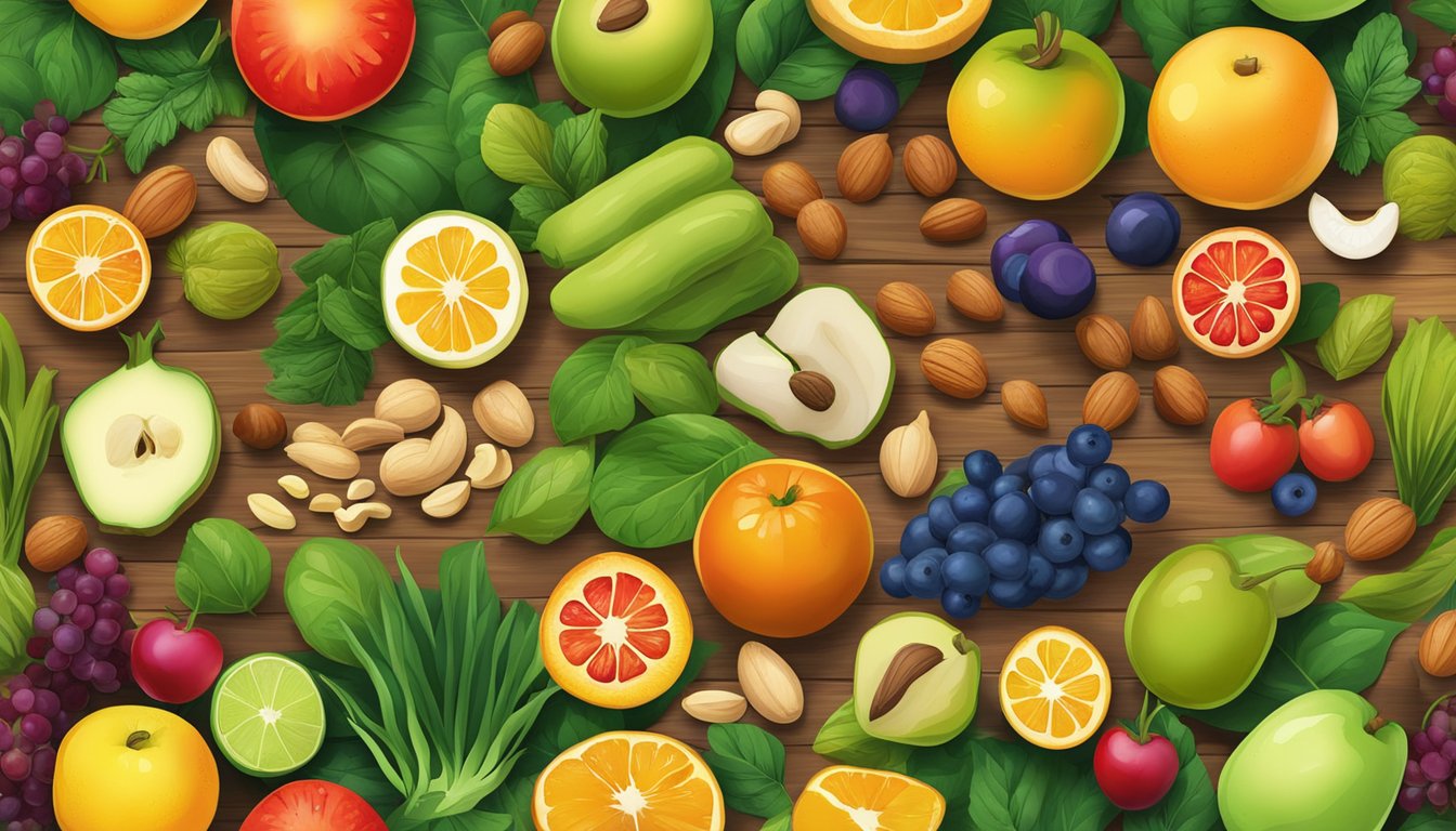 A colorful array of fruits, vegetables, and nuts arranged on a wooden table, surrounded by vibrant green leaves and flowers