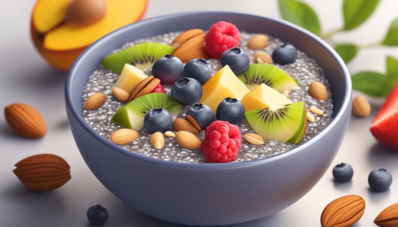 A bowl of chia seed pudding surrounded by vibrant, nutrient-dense ingredients like fresh fruits and nuts, with a satisfied and content feeling emanating from the scene