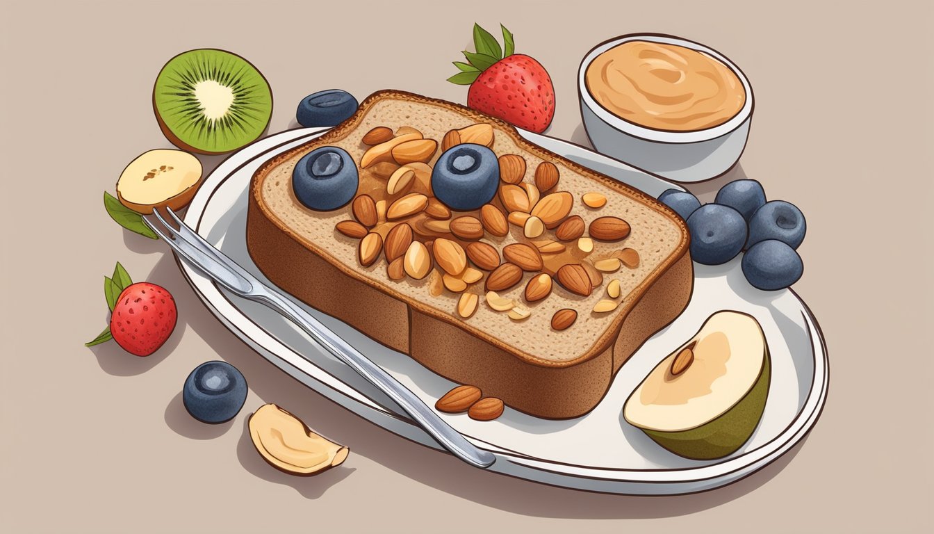 A slice of whole grain toast topped with almond butter, surrounded by a variety of nutrient-dense foods like fruits and nuts