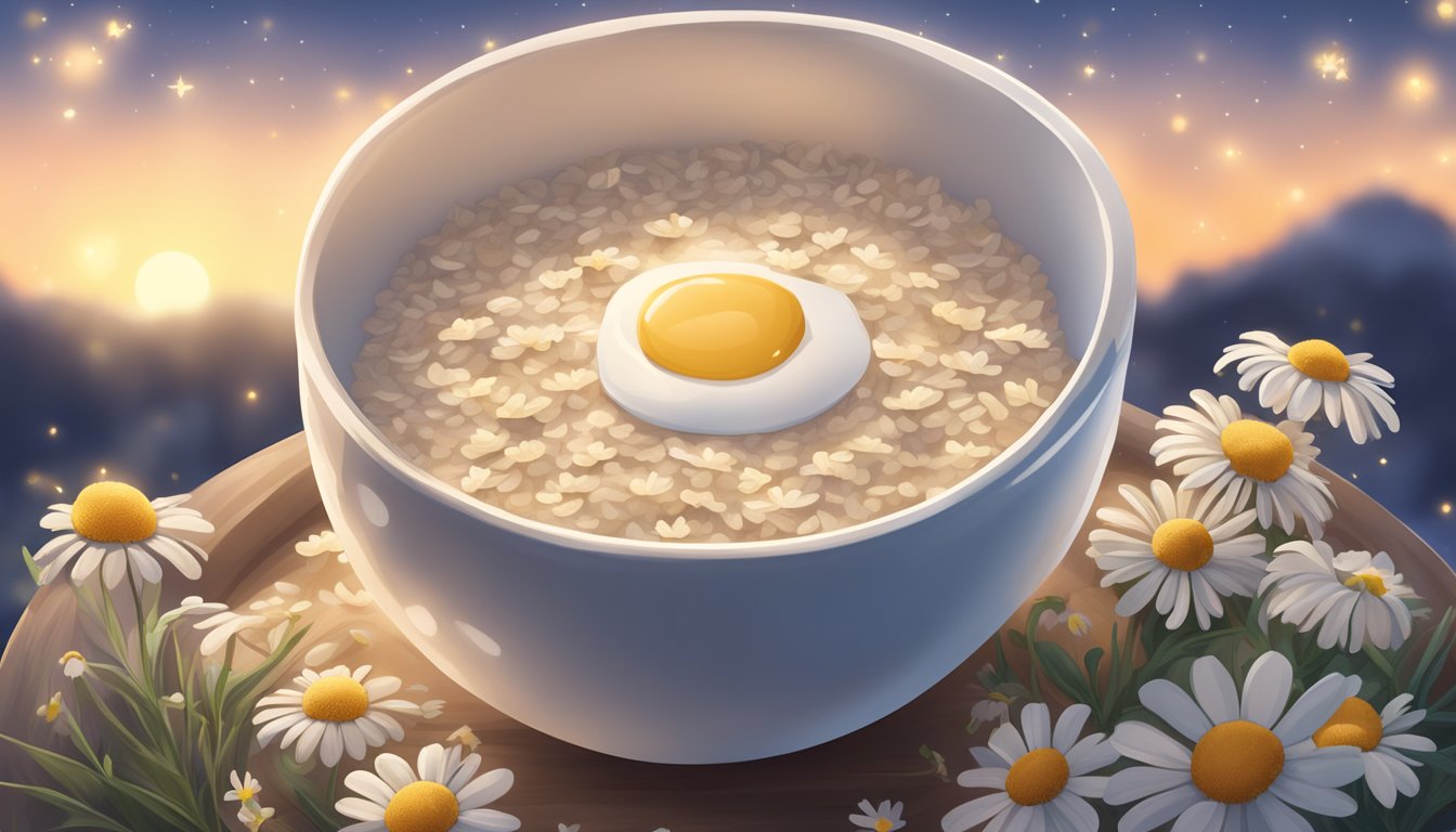 A cozy bowl of oatmeal surrounded by calming chamomile flowers and a soothing nighttime sky