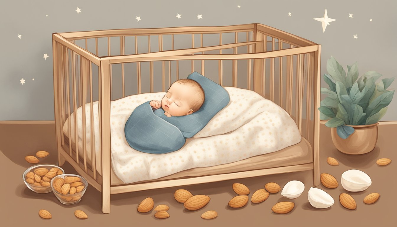 A peaceful 6-month-old baby sleeping soundly in a crib, surrounded by a warm and cozy atmosphere with a bowl of almonds nearby