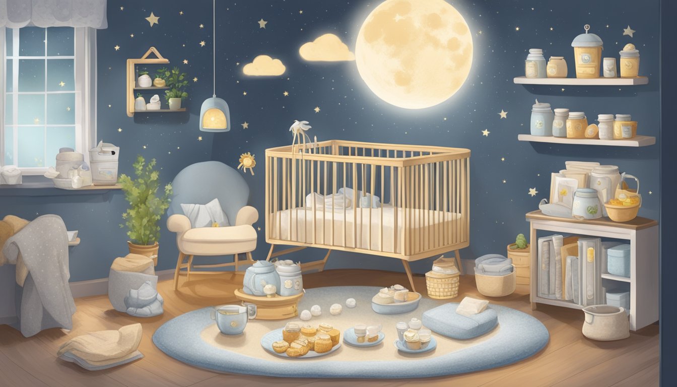 A cozy, moonlit nursery with a steaming cup of chamomile tea surrounded by calming, sleep-friendly foods for a 6-month-old baby