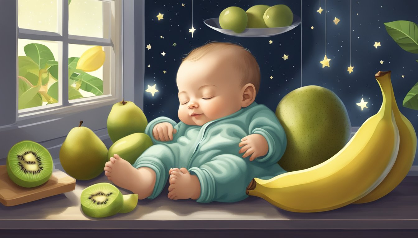 A peaceful scene of a sleeping baby surrounded by kiwi, bananas, and other sleep-friendly foods, with a calming moonlight shining through the window