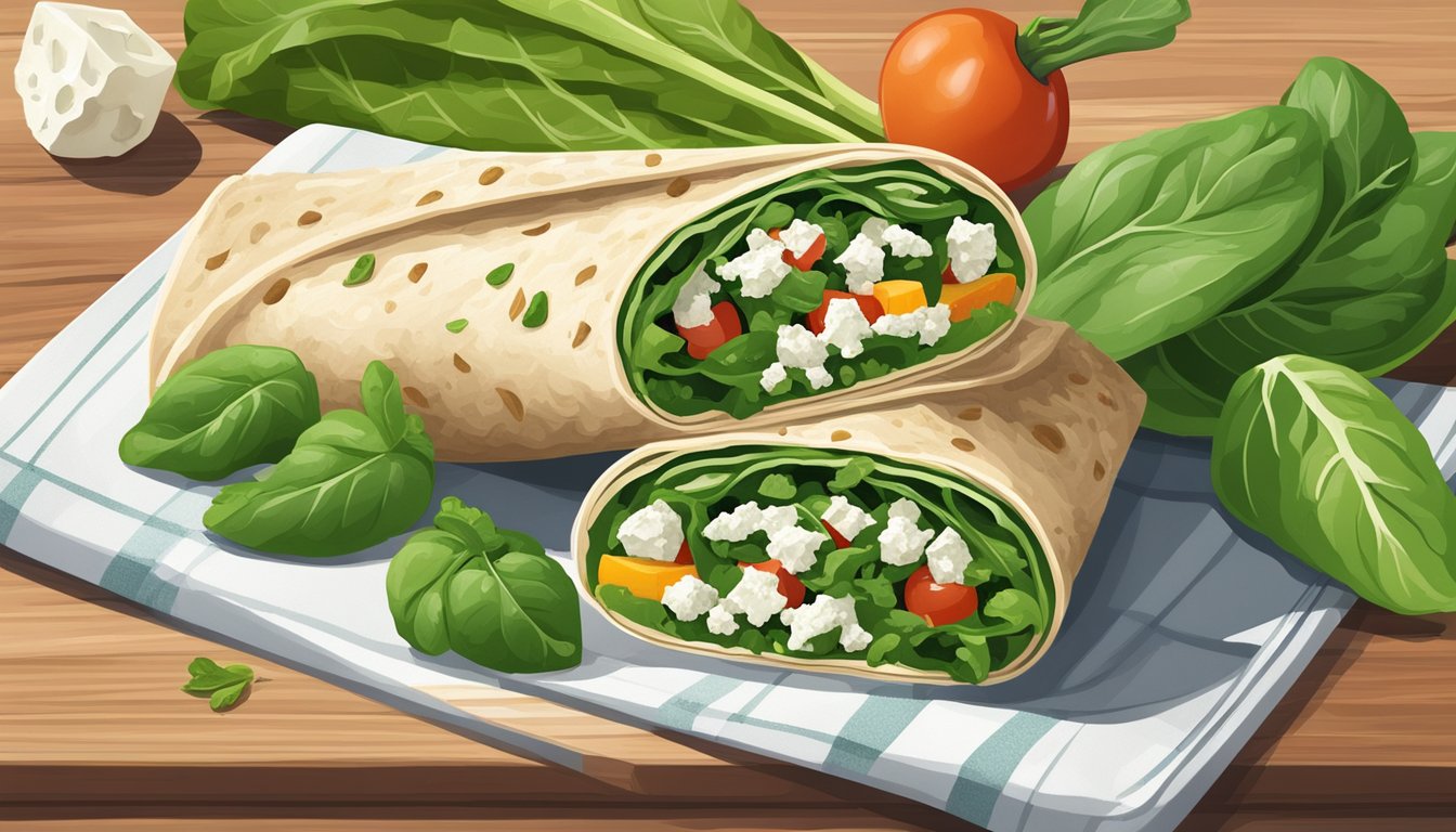 A spinach and feta wrap sits on a wooden cutting board surrounded by fresh spinach leaves, feta cheese crumbles, and a colorful assortment of nutrient-dense vegetables