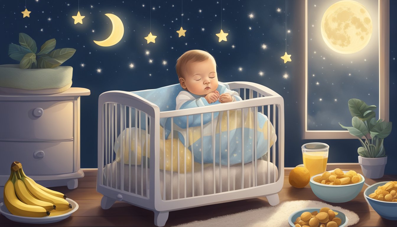 A peaceful 6-month-old baby peacefully sleeping in a cozy crib surrounded by sleep-friendly foods like bananas and oatmeal, with a serene moonlit sky outside the window