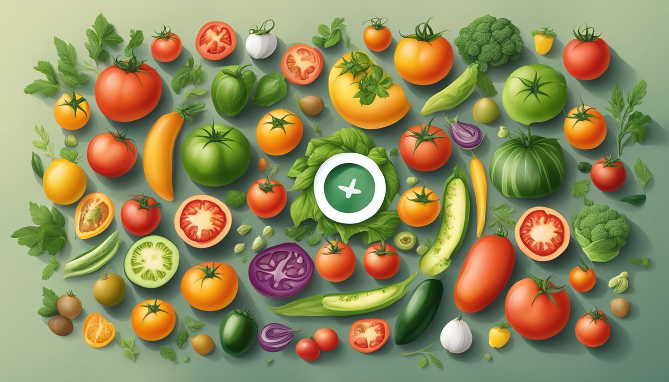 Ripe tomatoes arranged in a circle with prostate symbol in the center, surrounded by various other healthy foods