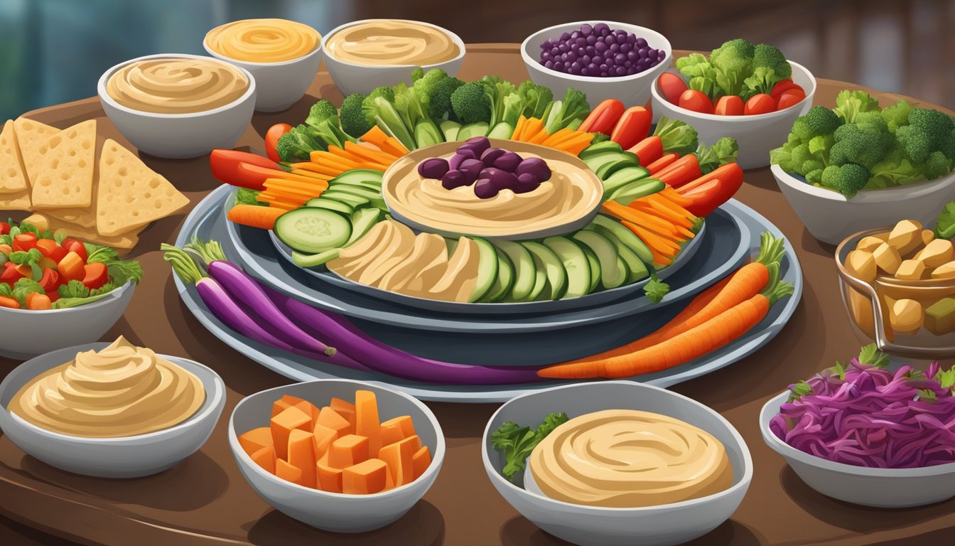 A colorful veggie platter surrounded by bowls of creamy hummus, with vibrant, nutrient-dense vegetables arranged in an appetizing display