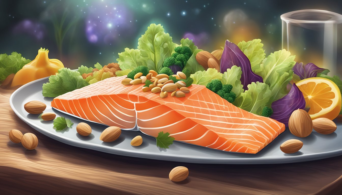 A plate of salmon, nuts, and vegetables surrounded by a glowing aura, symbolizing their prostate-protecting and nutritious power for men's health