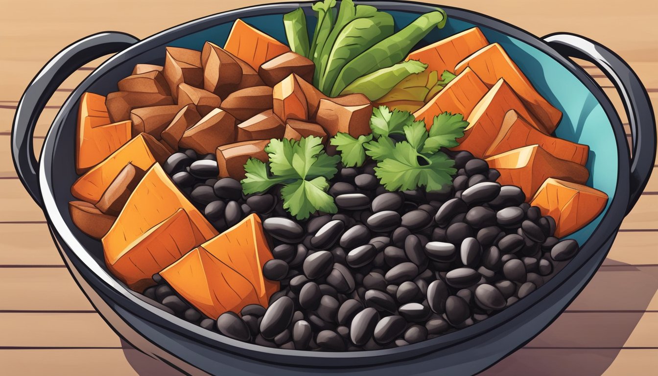 A colorful bowl filled with sweet potatoes, black beans, and vibrant vegetables, arranged in a visually appealing and appetizing manner